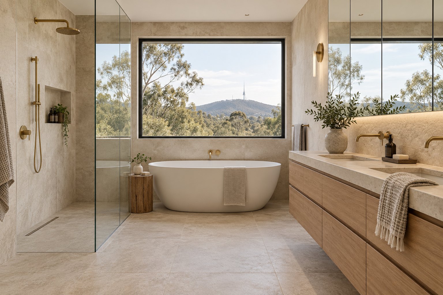 Illustrative bathroom renovation with timber vanity and limestone tile
