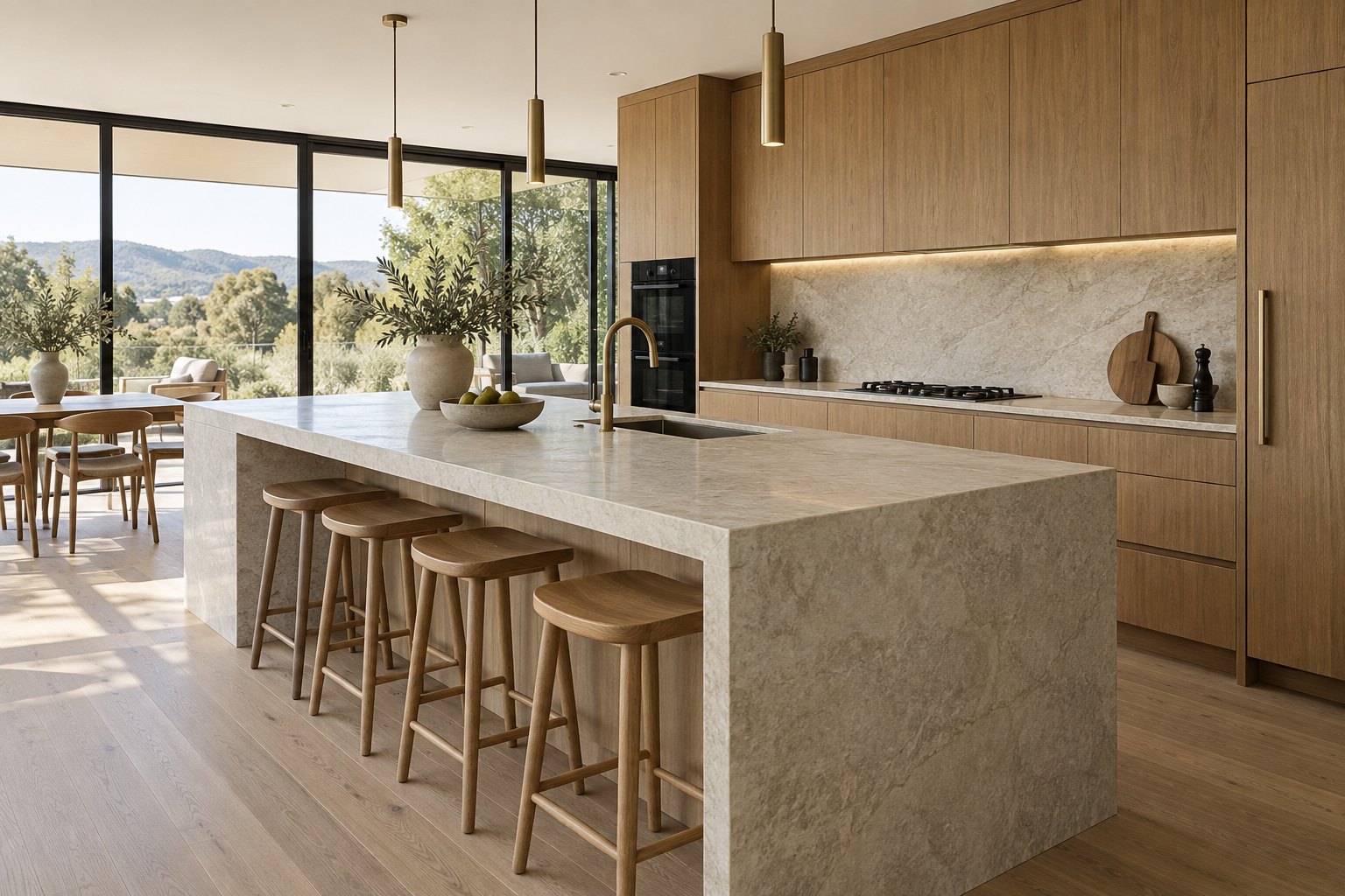 Illustrative contemporary kitchen interior with timber joinery